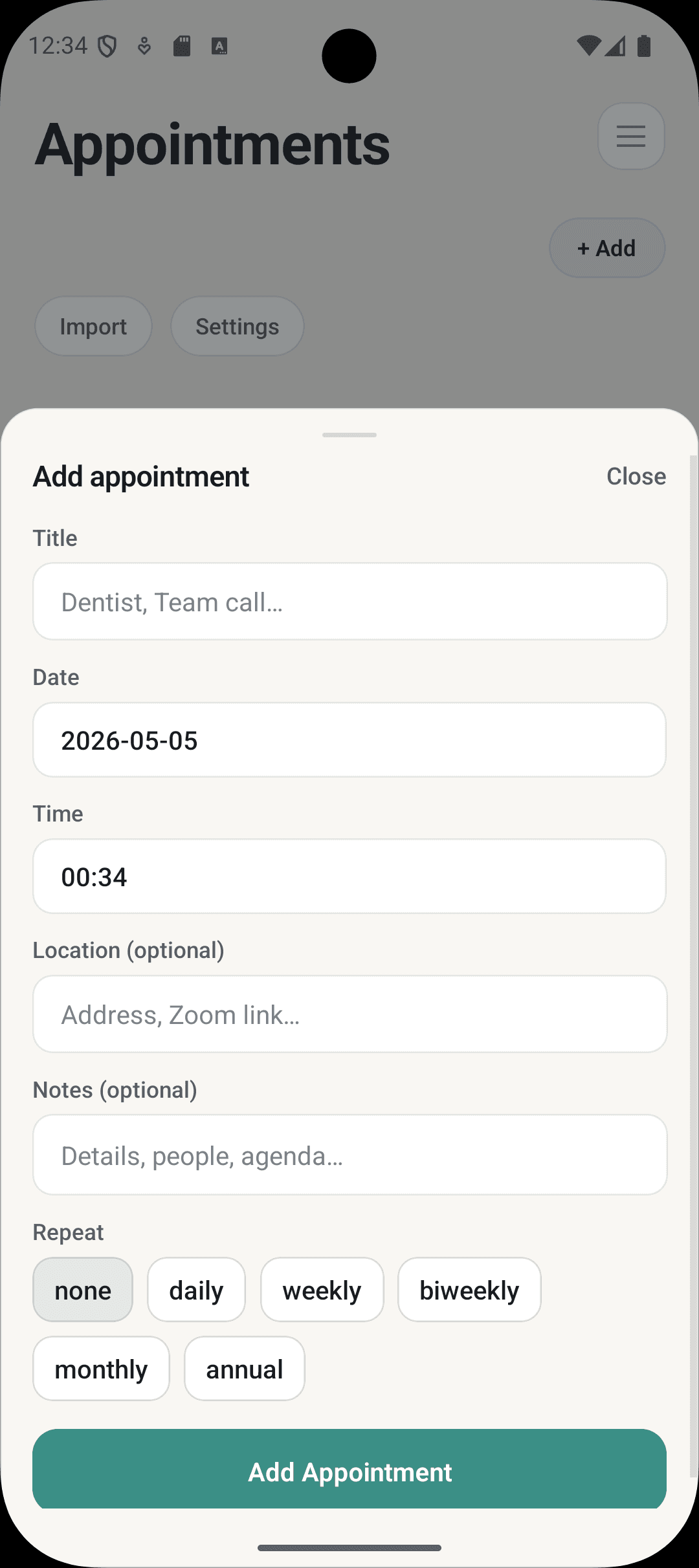 Issho add appointment screen