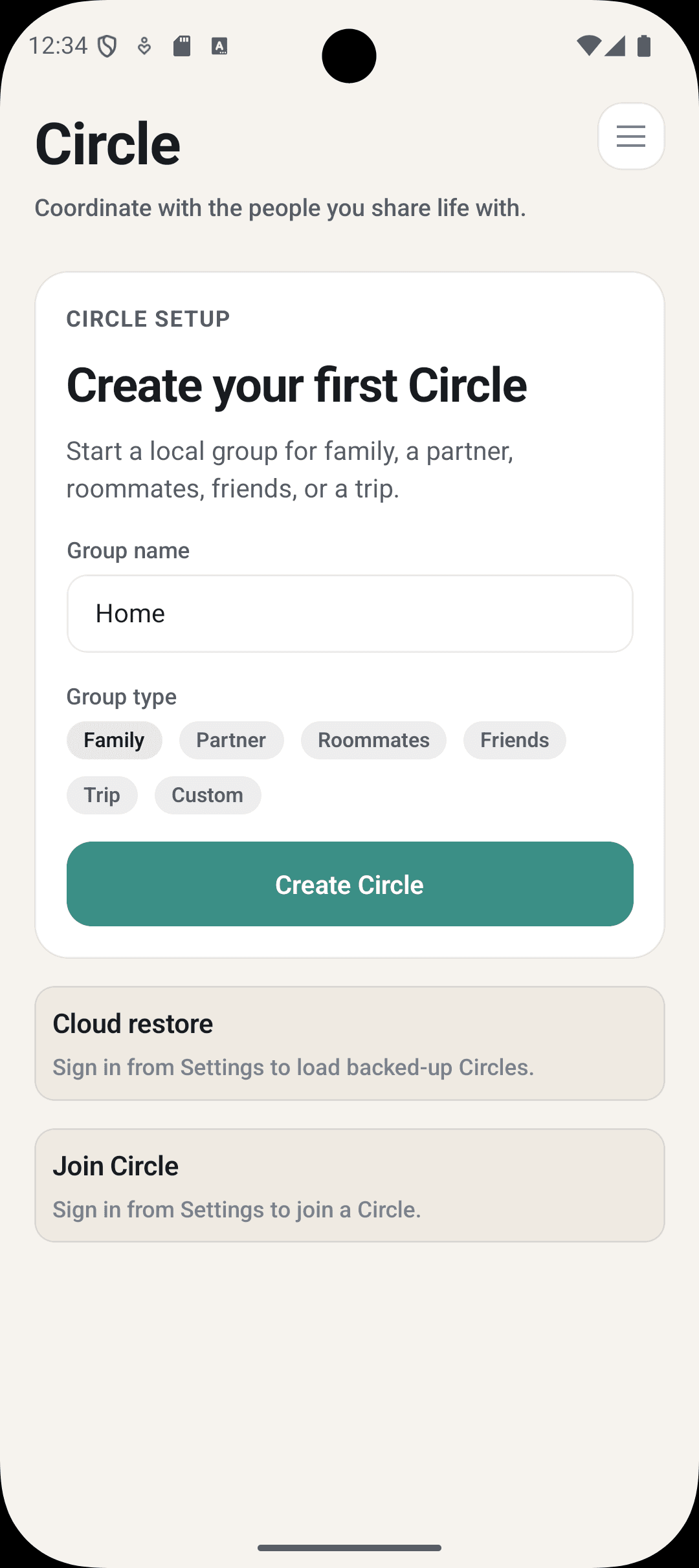 Issho Circle setup screen