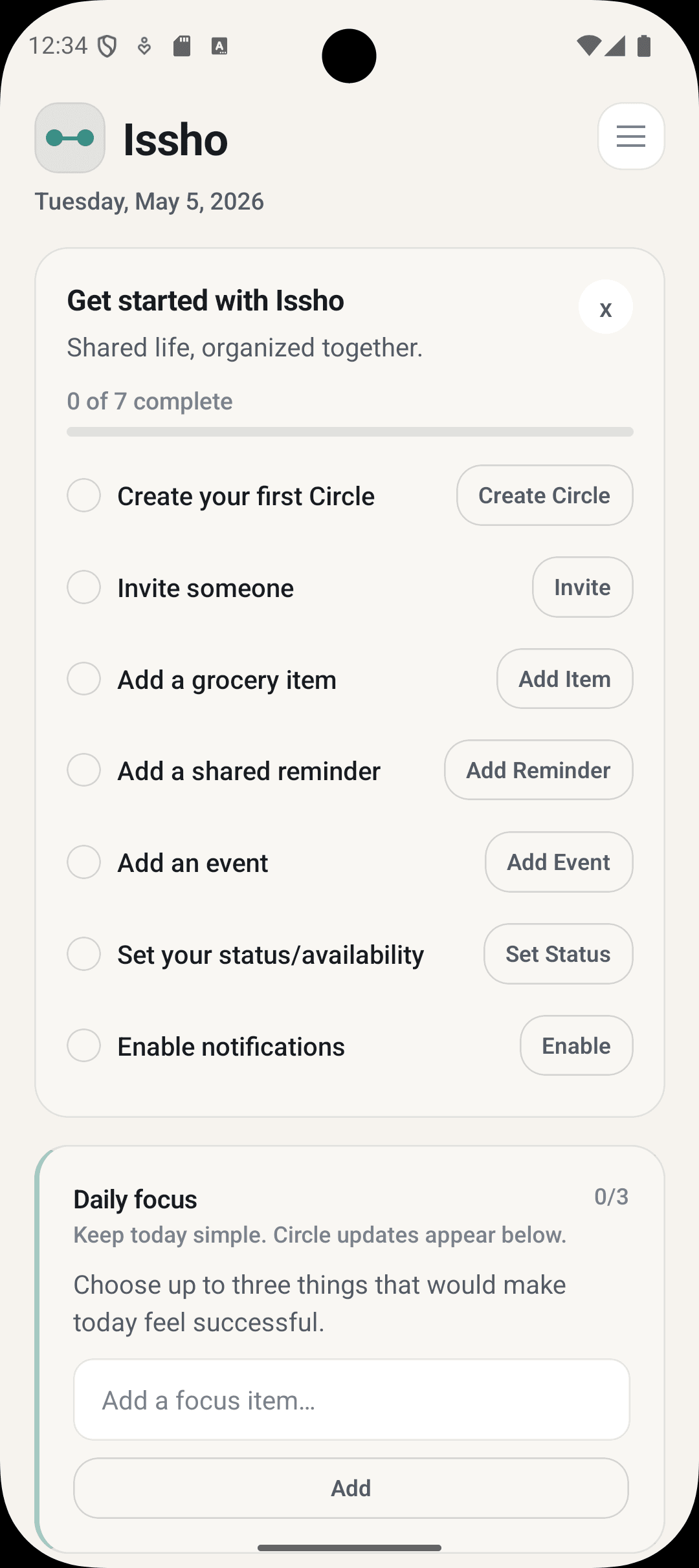 Issho get started screen