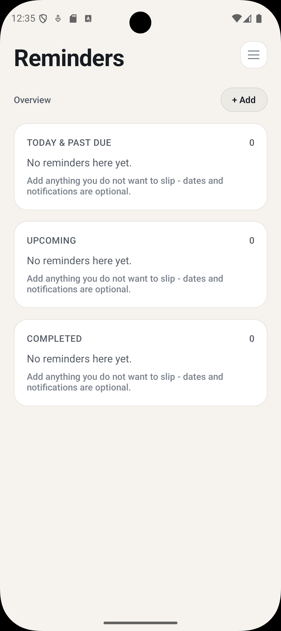 Issho reminders screen