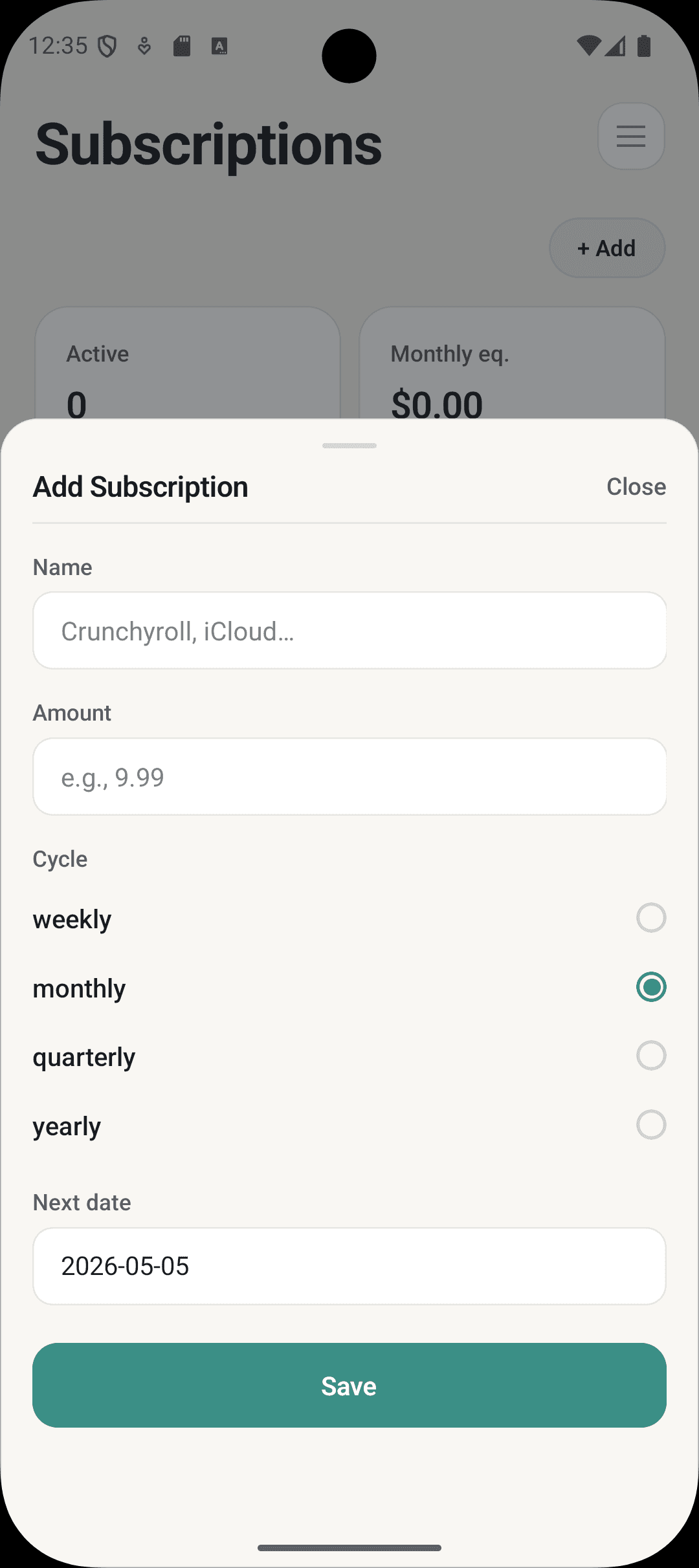 Issho add subscription screen